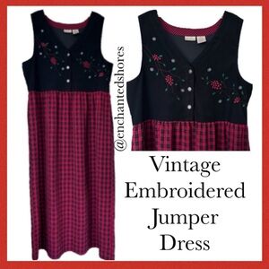 Vintage Embroidered Dress Buffalo Plaid Floral Jumper Red Black Size Large 12/14